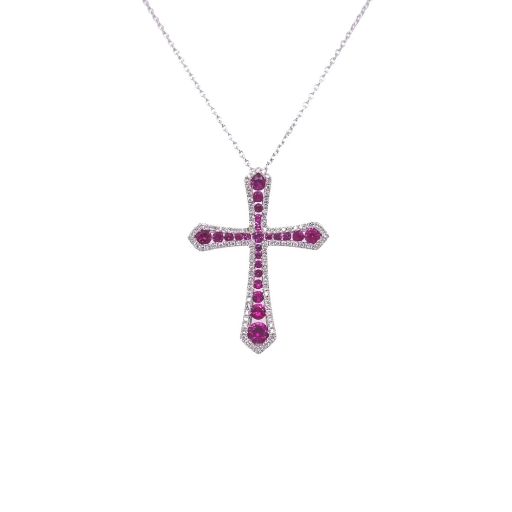 Ruby and Diamond Cross Pendant in 18kt White Gold