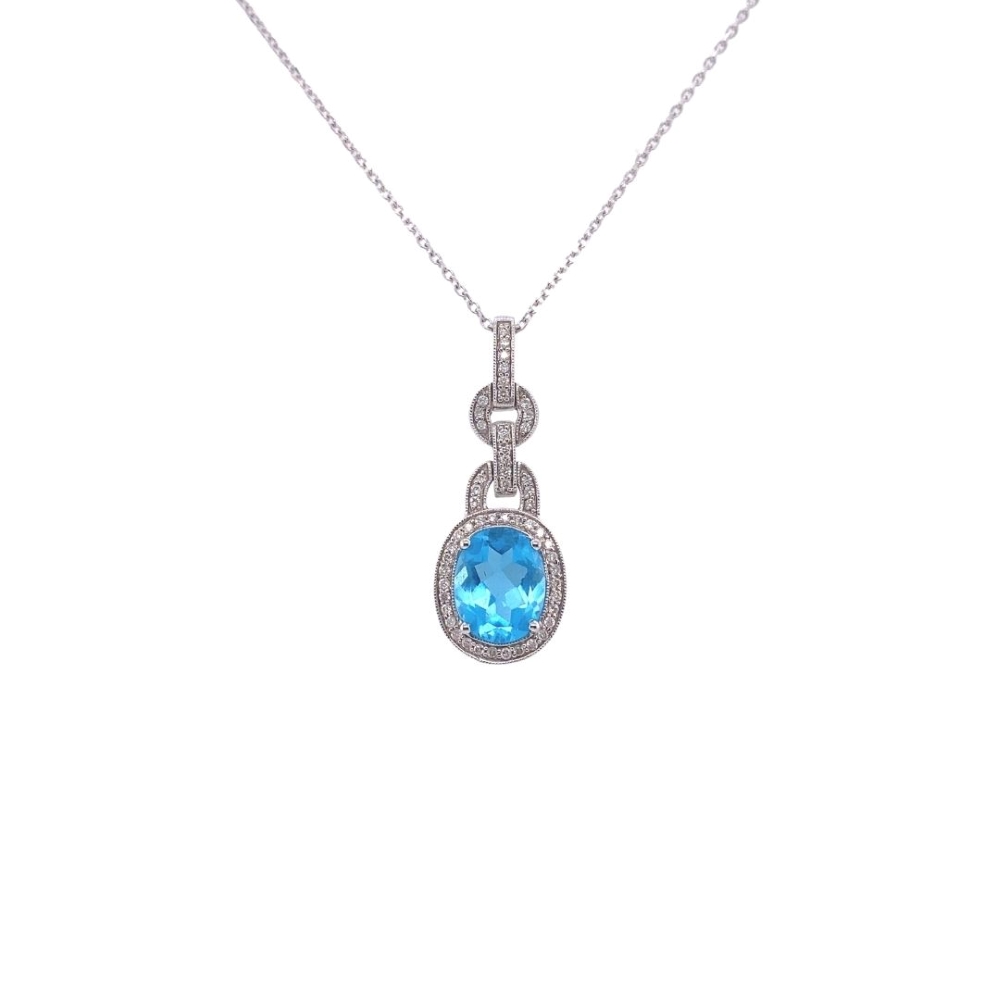 Diamond and Blue Topaz Drop Pendant in White Gold