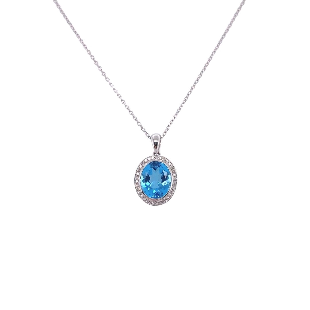 Oval Blue Topaz Pendant with Diamond Halo in White Gold
