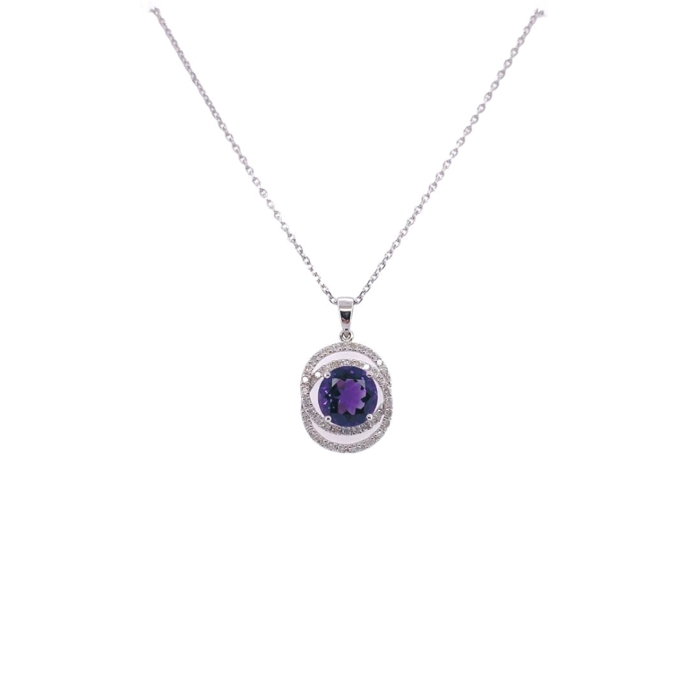 Amethyst with Diamond Swirl Halo Pendant in White Gold