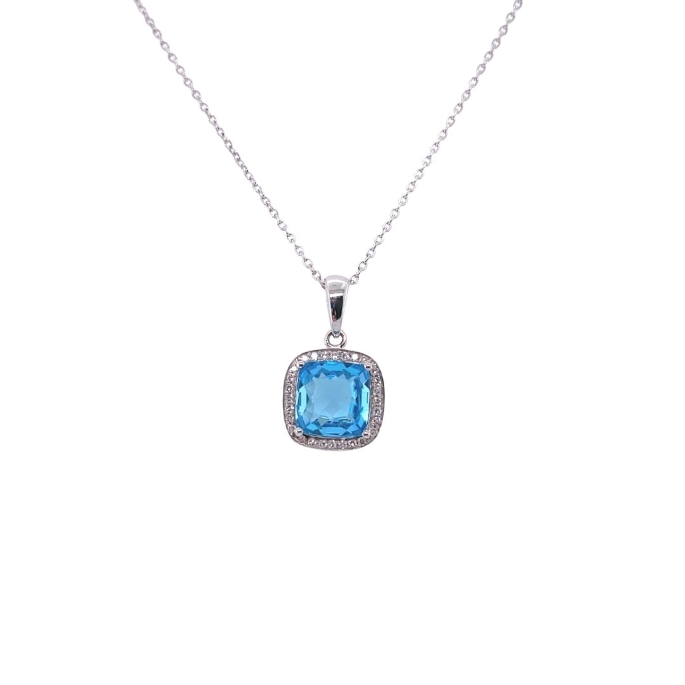 Cushion Cut Blue Topaz and Diamond Halo Pendant in White Gold