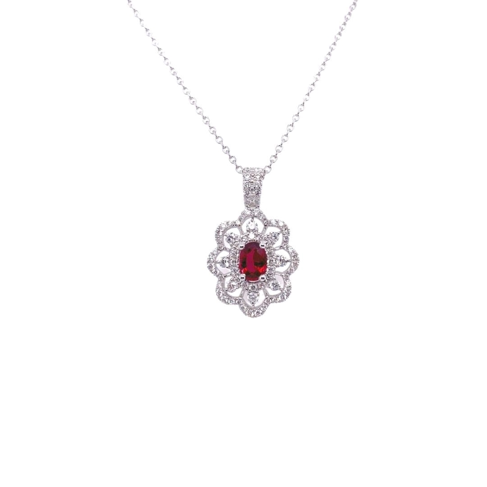 Diamond and Ruby Scalloped-Edge Flower Pendant
