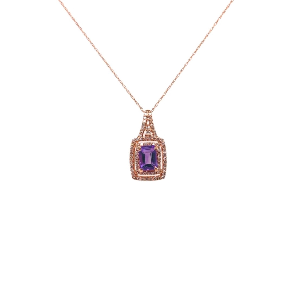 Emerald-Cut Amethyst and Diamond Pendant on Chain in Rose Gold