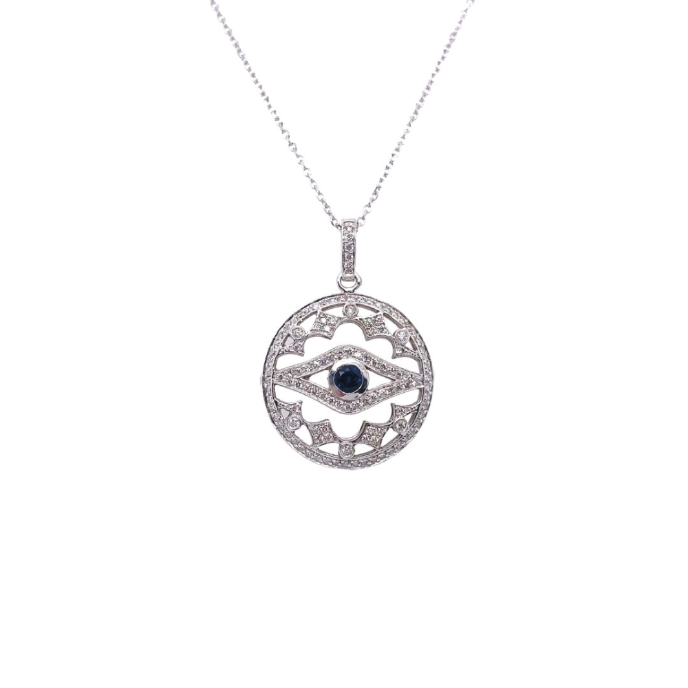 Round Double-Sided Evil Eye Pendant with Sapphire Center and Diamond Accent
