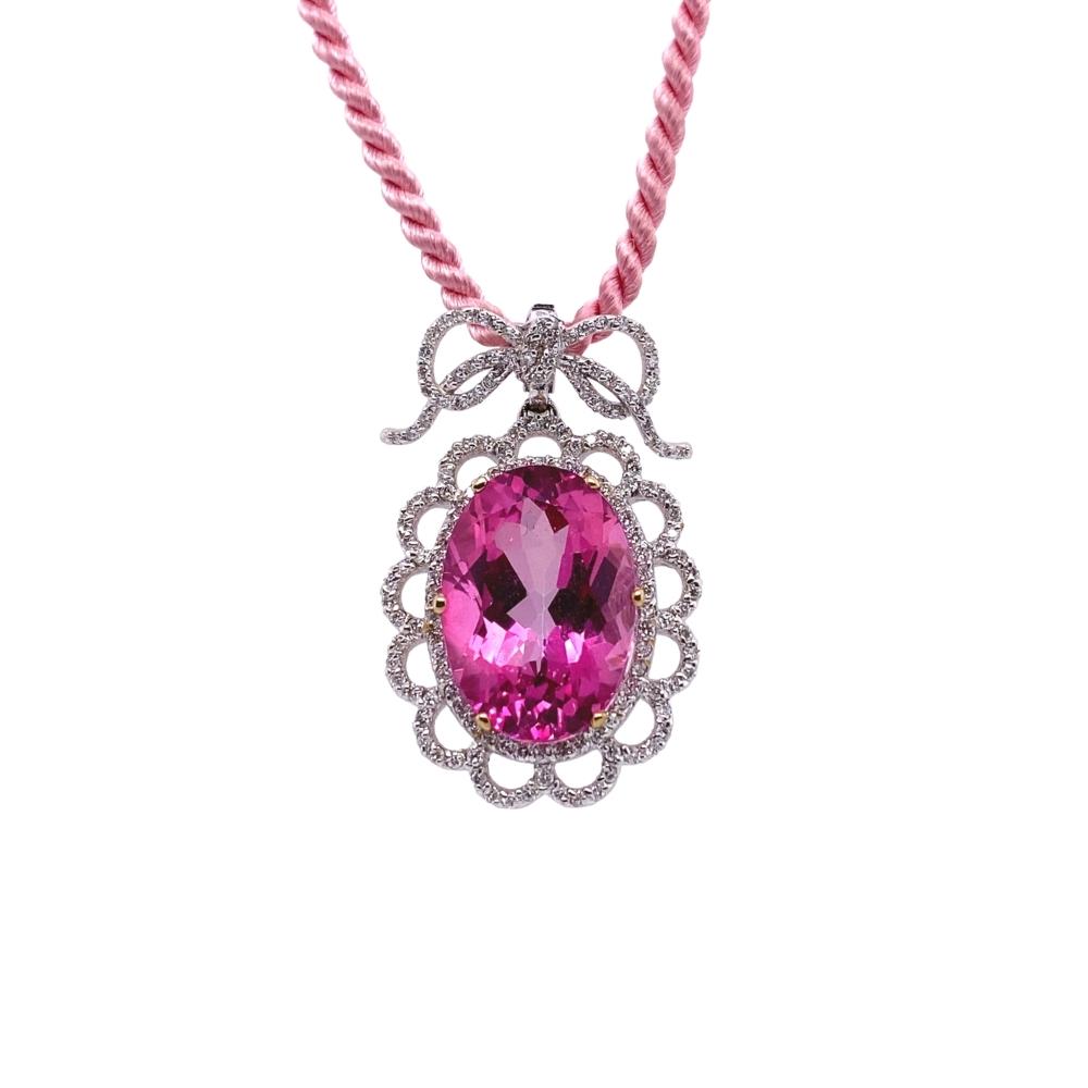 Pink Topaz Pendant by Barry Kronen with Diamond Frame and Bow, 18kt white gold