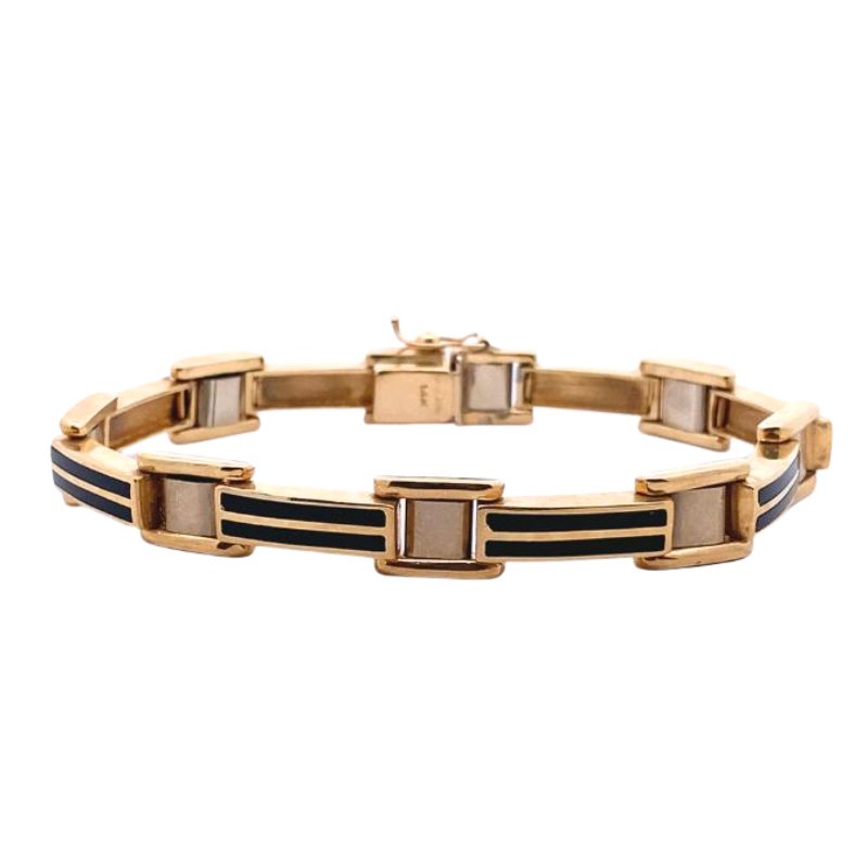 14kt Yellow Gold & Striped Onyx Link Men's Bracelet
