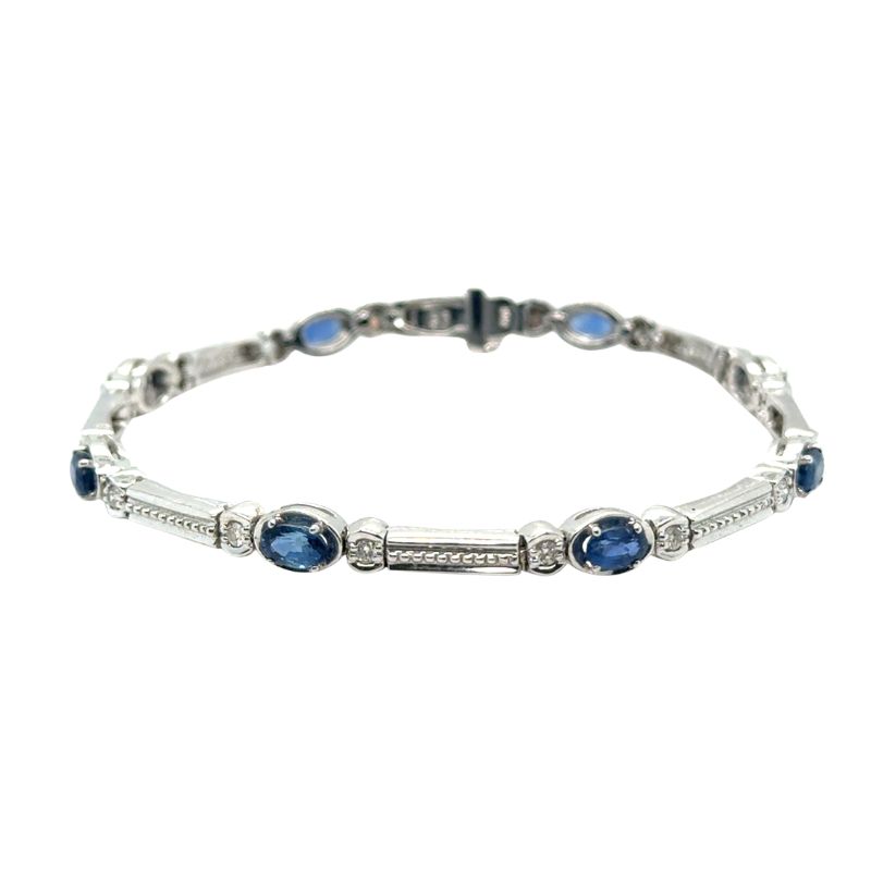 3.00ctw Oval Sapphire Beaded Bar Bracelet with 0.33ctw Diamonds, 14kt White