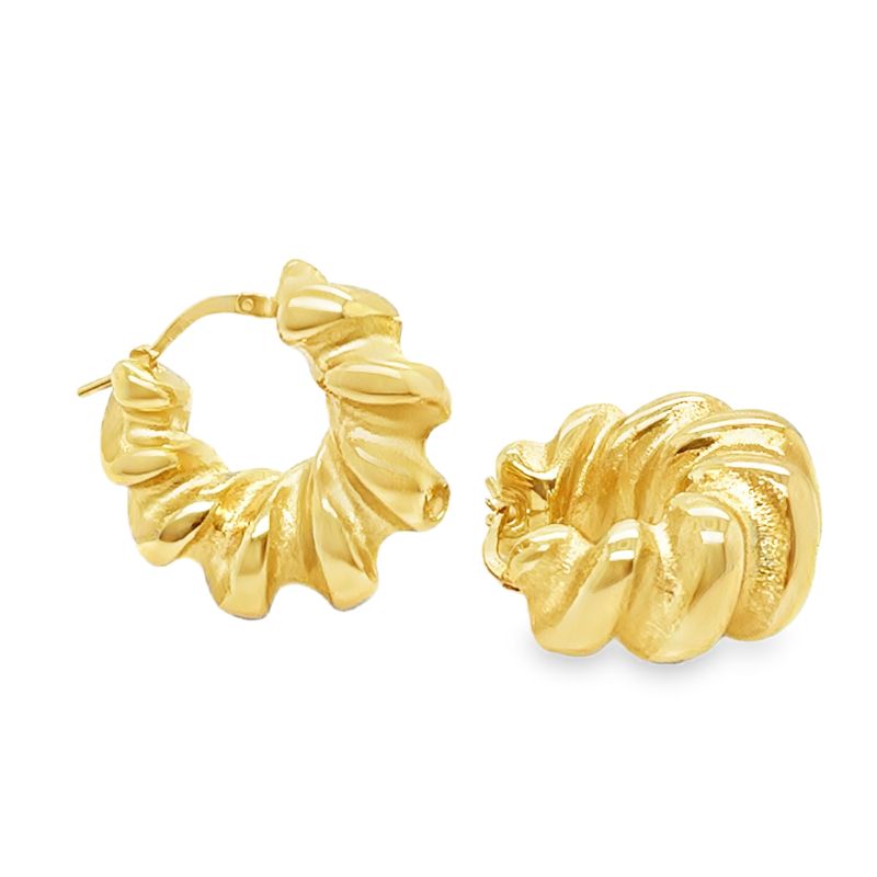 25mm Wide Ribbed Croissant Yellow Gold Hoop Earrings,14KT Gold