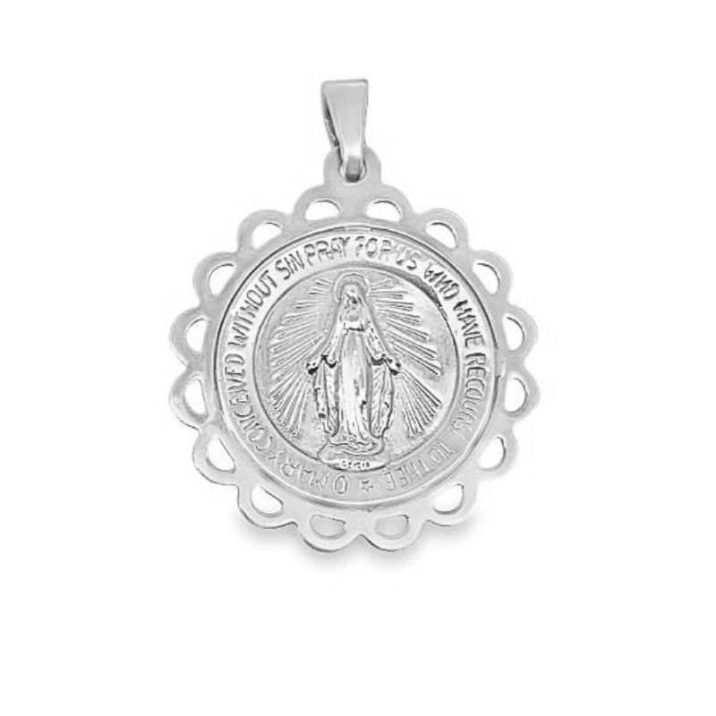 Miraculous Medal with Scalloped Frame, 14kt White Gold