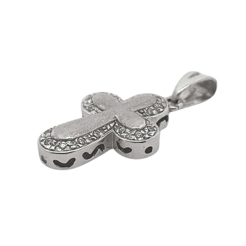 Small, Thick Satin Cross with CZ Halo, 14kt White Gold - Image 2