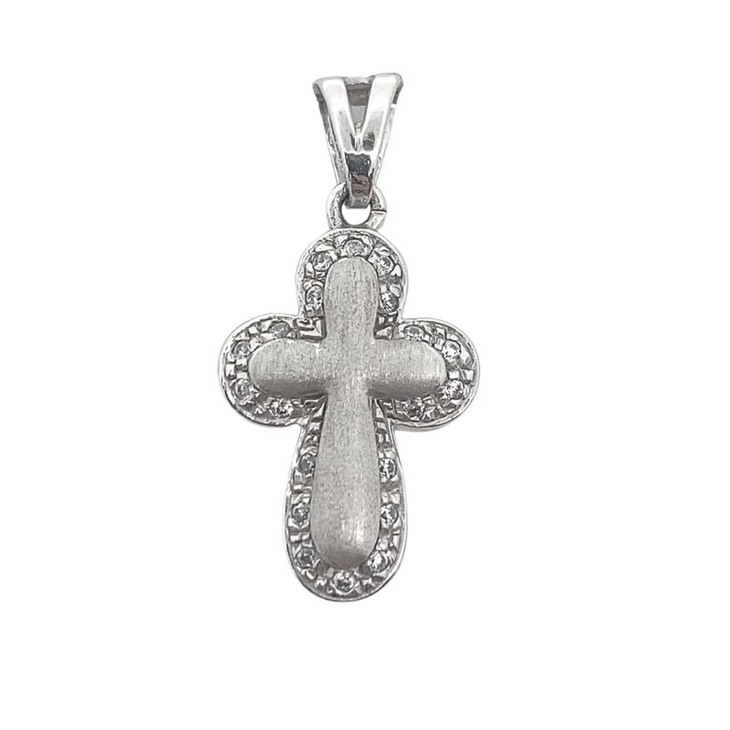 Small, Thick Satin Cross with CZ Halo, 14kt White Gold