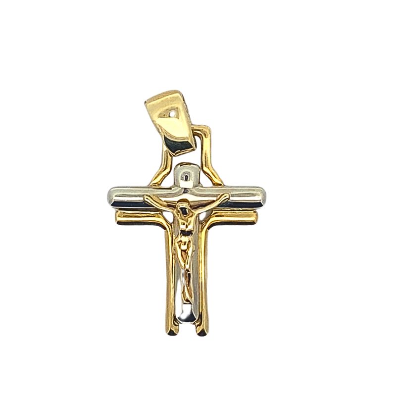 Contemporay Medium Size Polished Two-Tone Layered Crucifix, 14lt