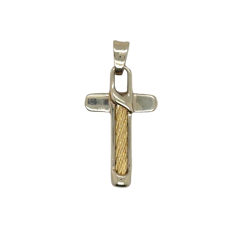 Two Toned Cross with Rope Design Inlay, 14kt White and Yellow Gold