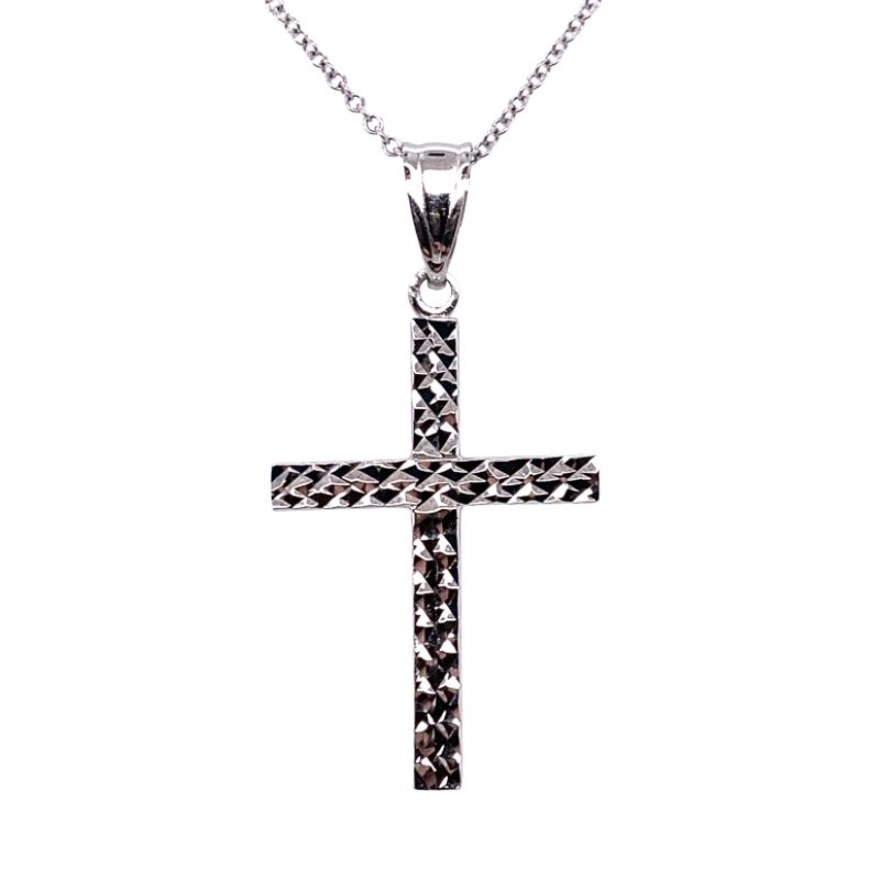 Flat Tube Diamond Cut Cross, 14kt White