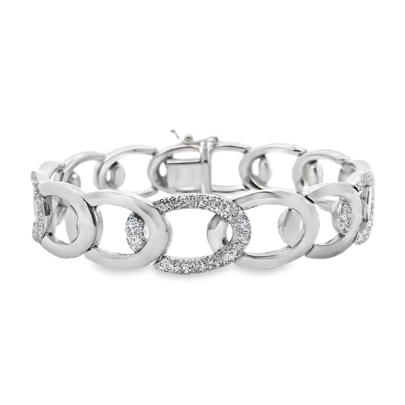 Large 13mm Oval Link Glitter Bracelet, 14kt White Gold