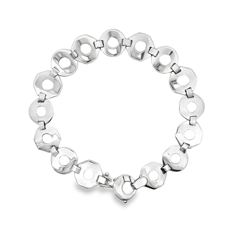 10mm Polished Hexagon & Circle Link Bracelet, 14kt White Gold
