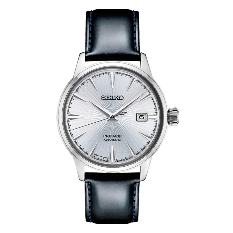 Presage Cocktail Time Ref #SRPB43,  Silver Pressed Dial on Black Leather Strap