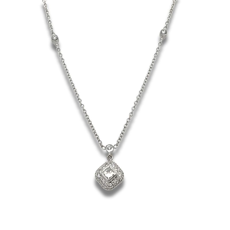 0.65ctw Princess Halo with Diamond Bezel Station Chain, 14kt Gold