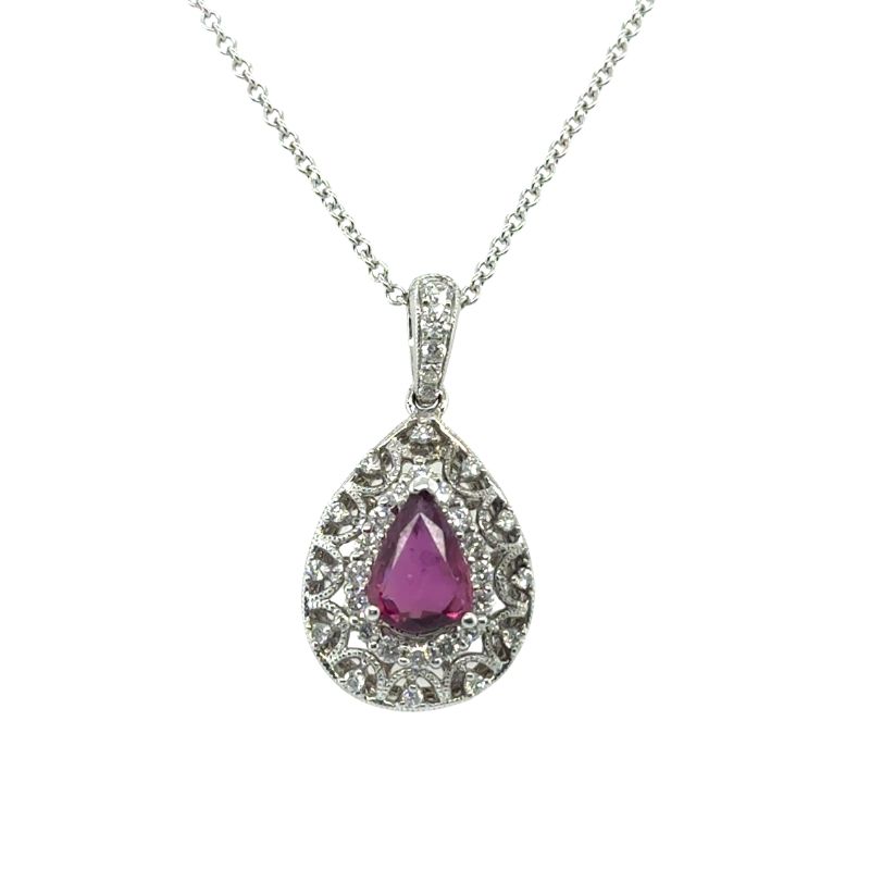 Ruby Pendant with Diamond Halo set in 18kt white gold.