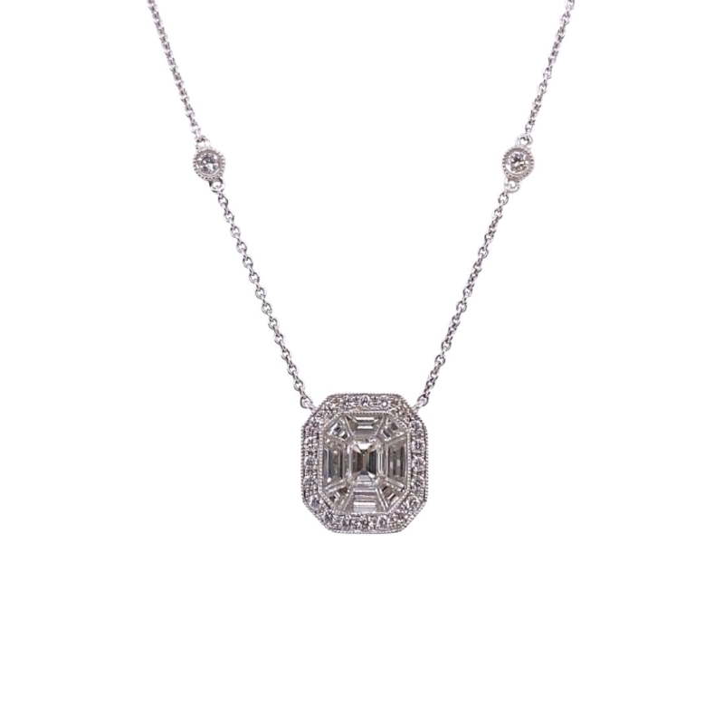 Diamond Halo Necklace with Baguette Diamond Center on Diamond Bezel Station chain, 18kt white gold, 0.95ctw