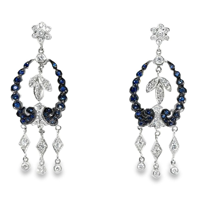 White Gold Royal Blue Sapphire Floral Chandelier Dangle Earrings