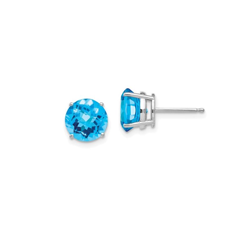 Checkered BlueTopaz  Round Studs 8mm 14k White Gold