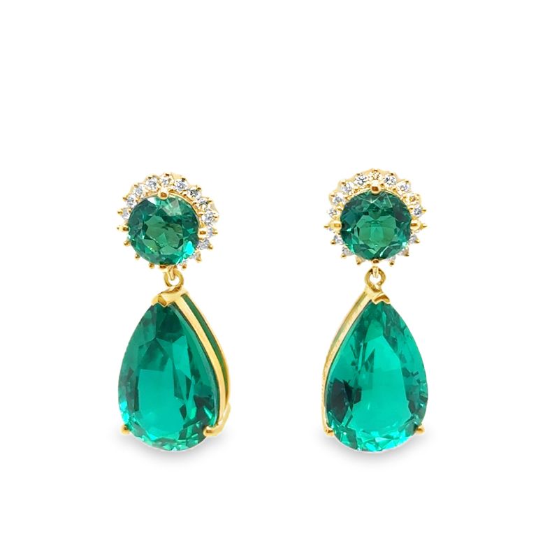 10ctw Lab Grown Emerald Drop Earrings with Diamond Halo.