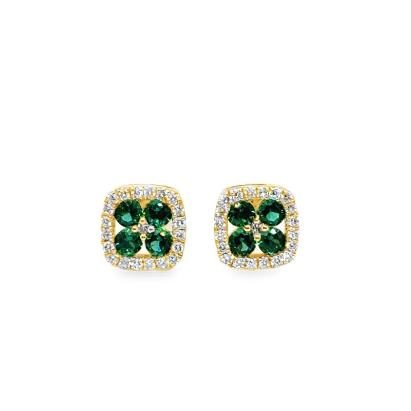 Emerald and Diamond Cushion Shape Hallo Studs, 14kt Yellow