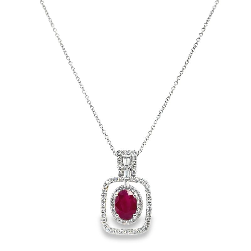 Oval Ruby Pendant with Diamond Frame and Halo, 18kt white gold