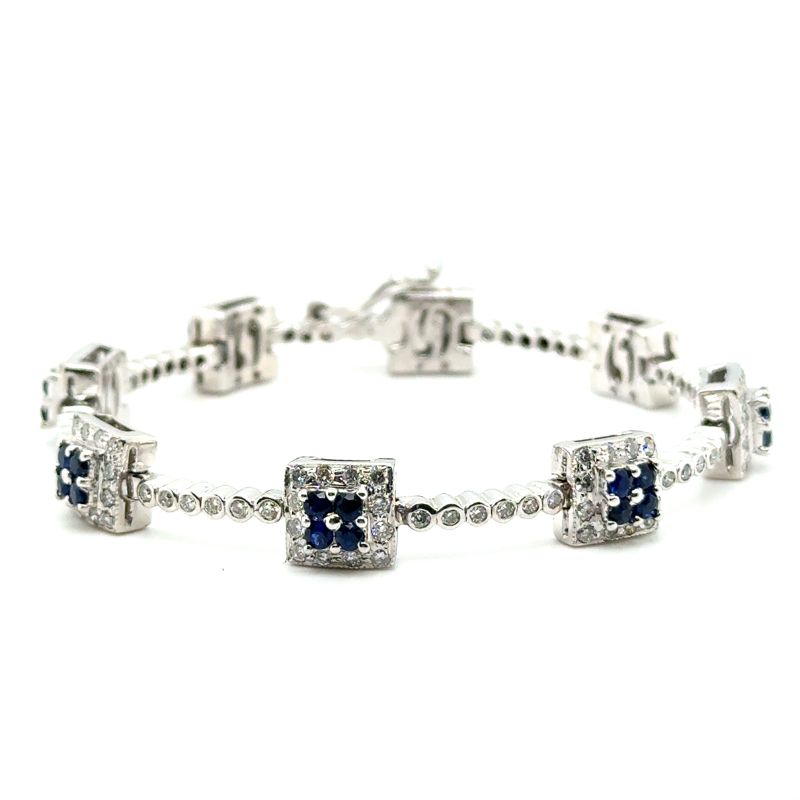14kt White Gold Diamond and Sapphire Square Link Vintage-Style Bracelet
