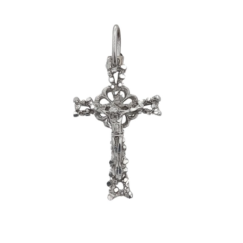 Floral Diamond Cut Crucifix, 14kt White Gold