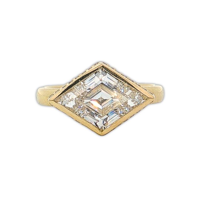 3.00ct Lab Grown Lozenge Step Cut Bezel Set Engagement, 14kt