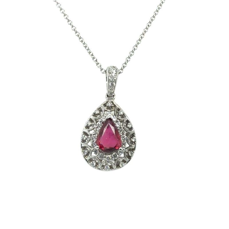 1.00ct Pear Shape Ruby Pendant with Diamond Halo set in 18kt white gold.