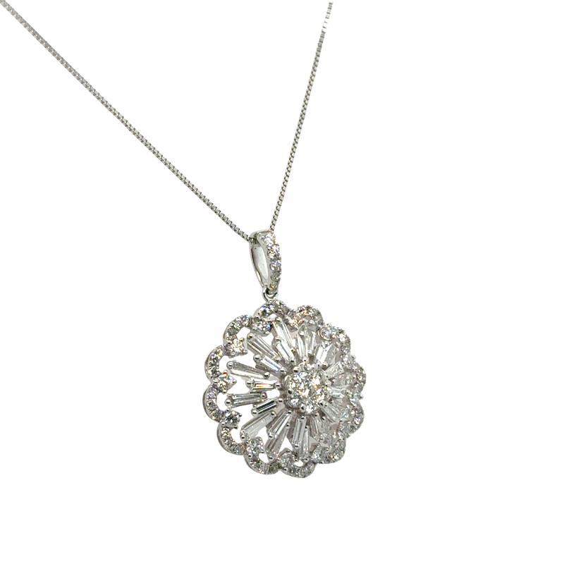 Diamond Floral Sunburst Pendant Necklace 18KT White Gold - Image 2