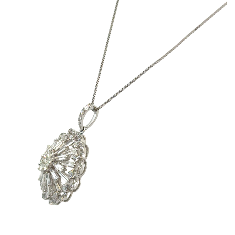 Diamond Floral Sunburst Pendant Necklace 18KT White Gold - Image 3