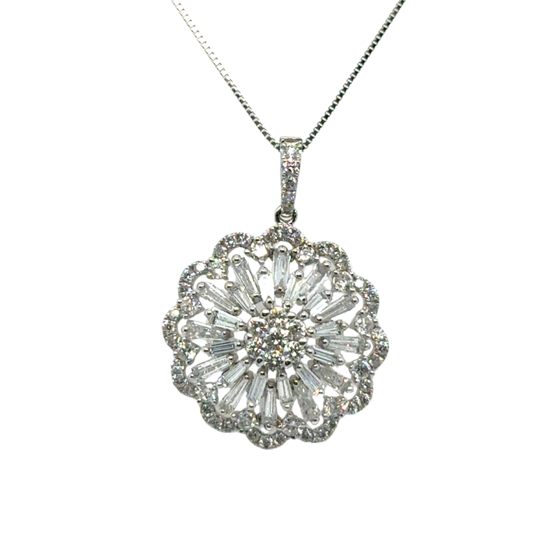 Diamond Floral Sunburst Pendant Necklace 18KT White Gold