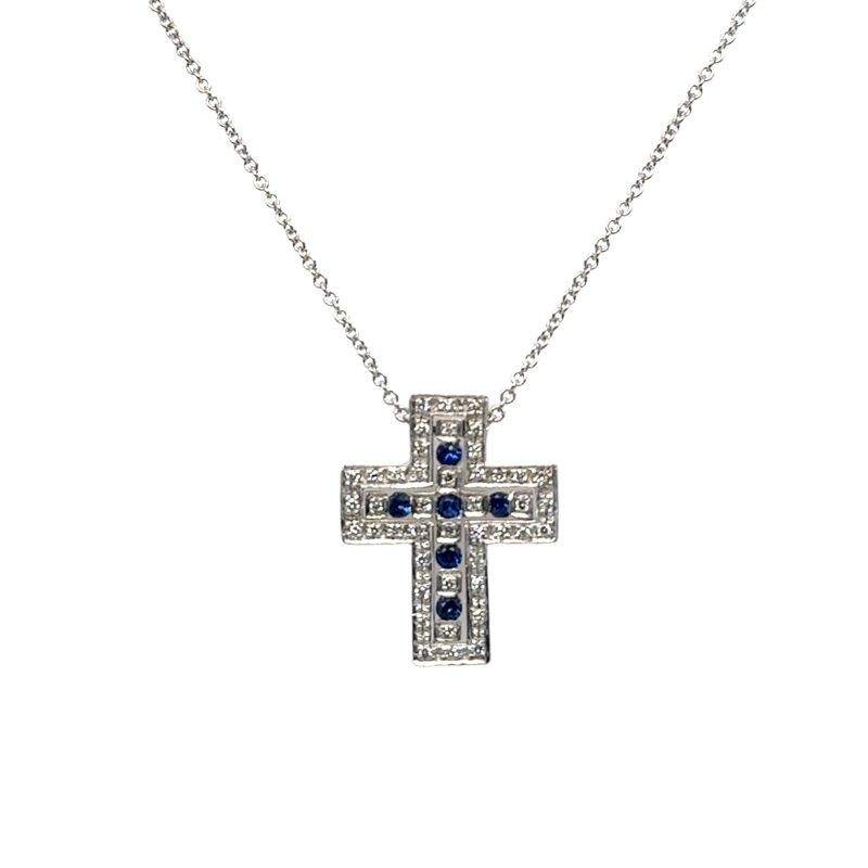 Interlocking Diamond and Sapphire Cross, 14kt White