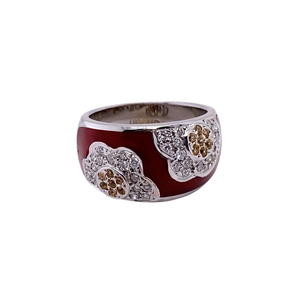 Red Enamel Band with Yellow Sapphire and Diamond Flowers, 18kt white gold
