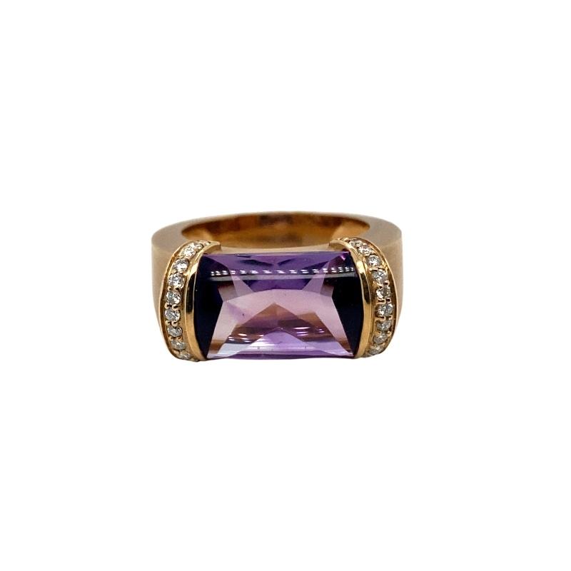 Rectangle Amethyst and Side Round Diamond Rose Gold Cocktail Ring
