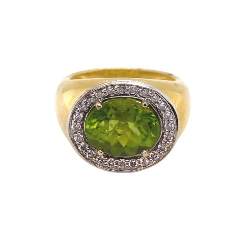 Oval Peridot Ring with Diamond Halo, 14kt yellow gold