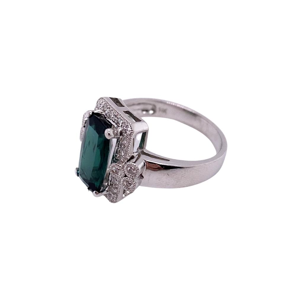 Vintage style Green Tourmaline ring with Diamond Halo, 14kt white gold - Image 2
