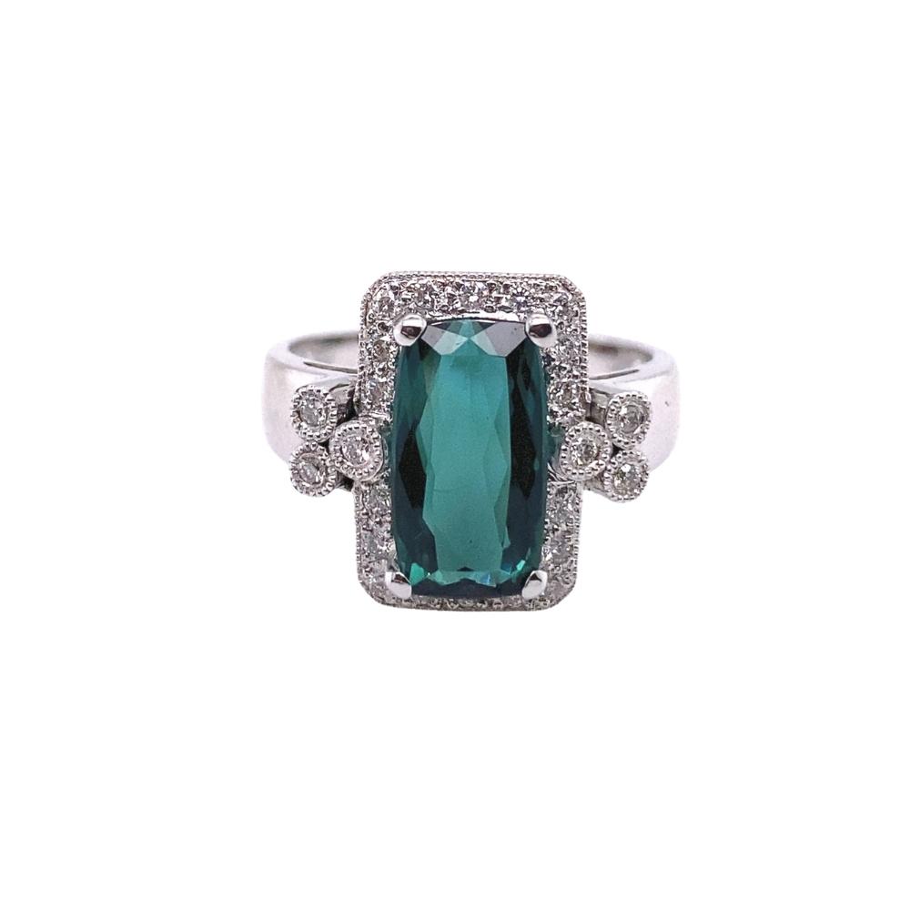Vintage style Green Tourmaline ring with Diamond Halo, 14kt white gold
