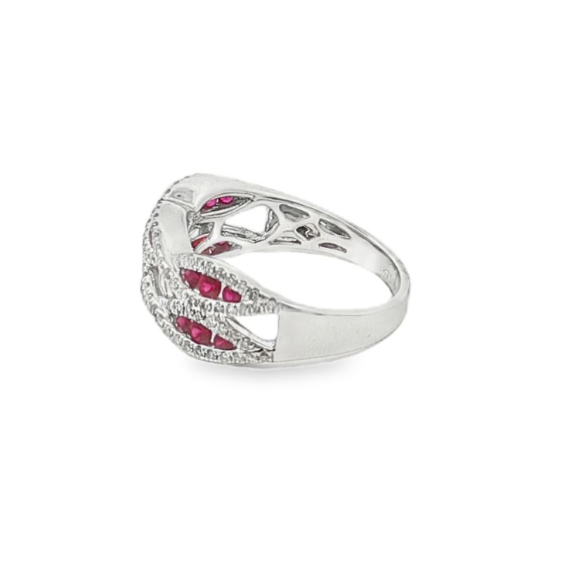 2-Row Woven Ring with Rubies and Diamonds, 18kt White - Image 2