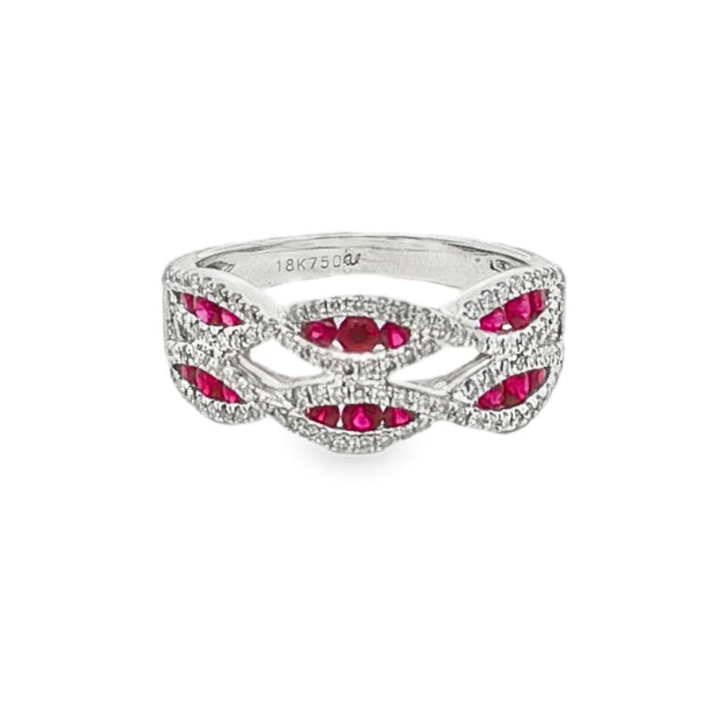 2-Row Woven Ring with Rubies and Diamonds, 18kt White