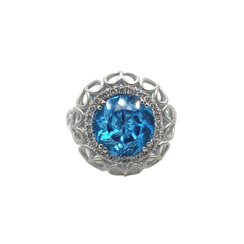 Blue Topaz and Diamond Halo Open Work Ring