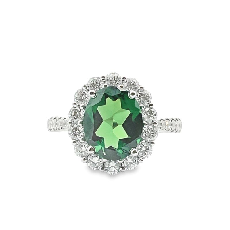 3.00ct Oval Bluish-Green Tourmaline with 1.00ctw Diamond Halo Ring
