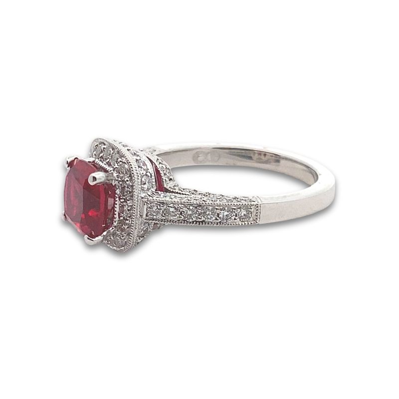 1.89ct Cushion Cut Lab Grown Ruby Ring with Halo and Diamonds on Band - Image 2