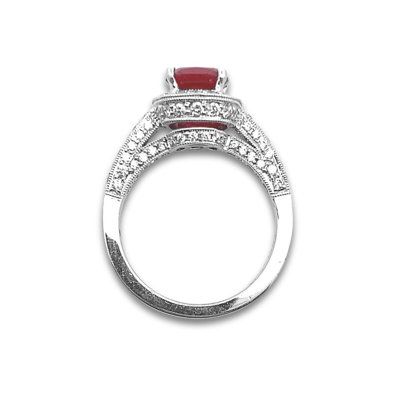 1.89ct Cushion Cut Lab Grown Ruby Ring with Halo and Diamonds on Band - Image 3