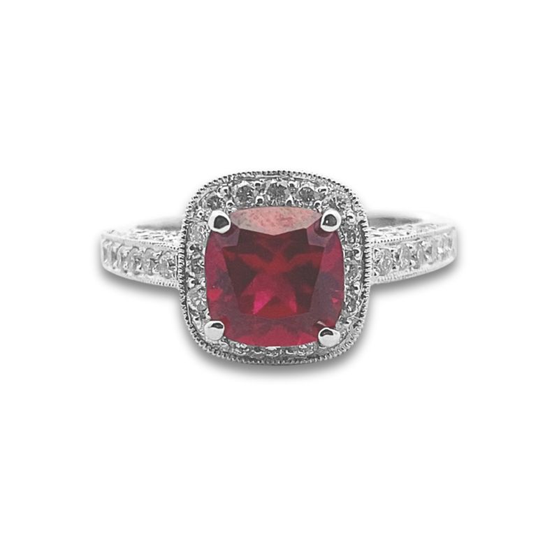 1.89ct Cushion Cut Lab Grown Ruby Ring with Halo and Diamonds on Band