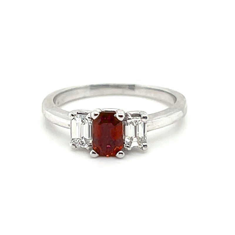 0.60ct Emerald Cut Ruby and Diamond Three Stone Ring, 14kt White Gold